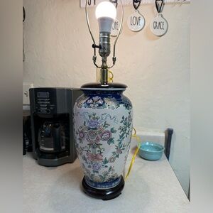 Vintage  Hand Painted Floral Lamp Wood Base Chinese Cloisonné style working